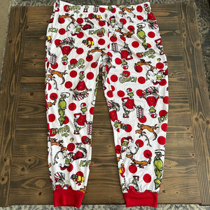Grinch Pajama Pants Women’s XL White Red Polka Dot Holiday Lounge